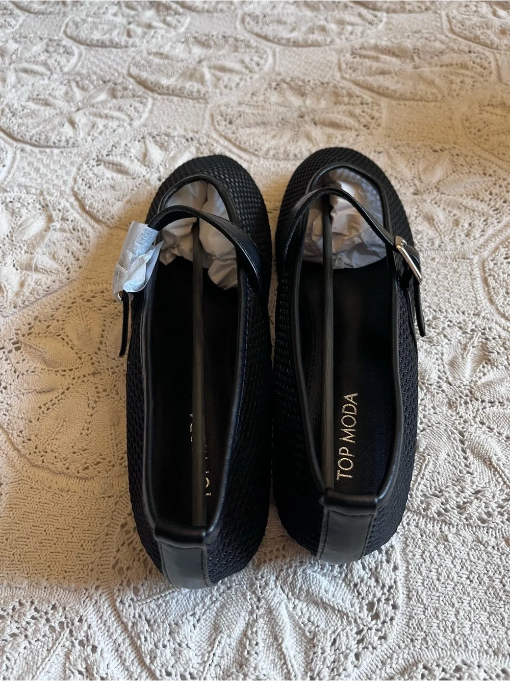 NWT Top Moda black mesh ballet flats Mary Jane buckle round toe